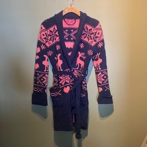 Betsey Johnson Winter Christmas Holiday Pink Navy Blue Cozy Robe/cardigan small